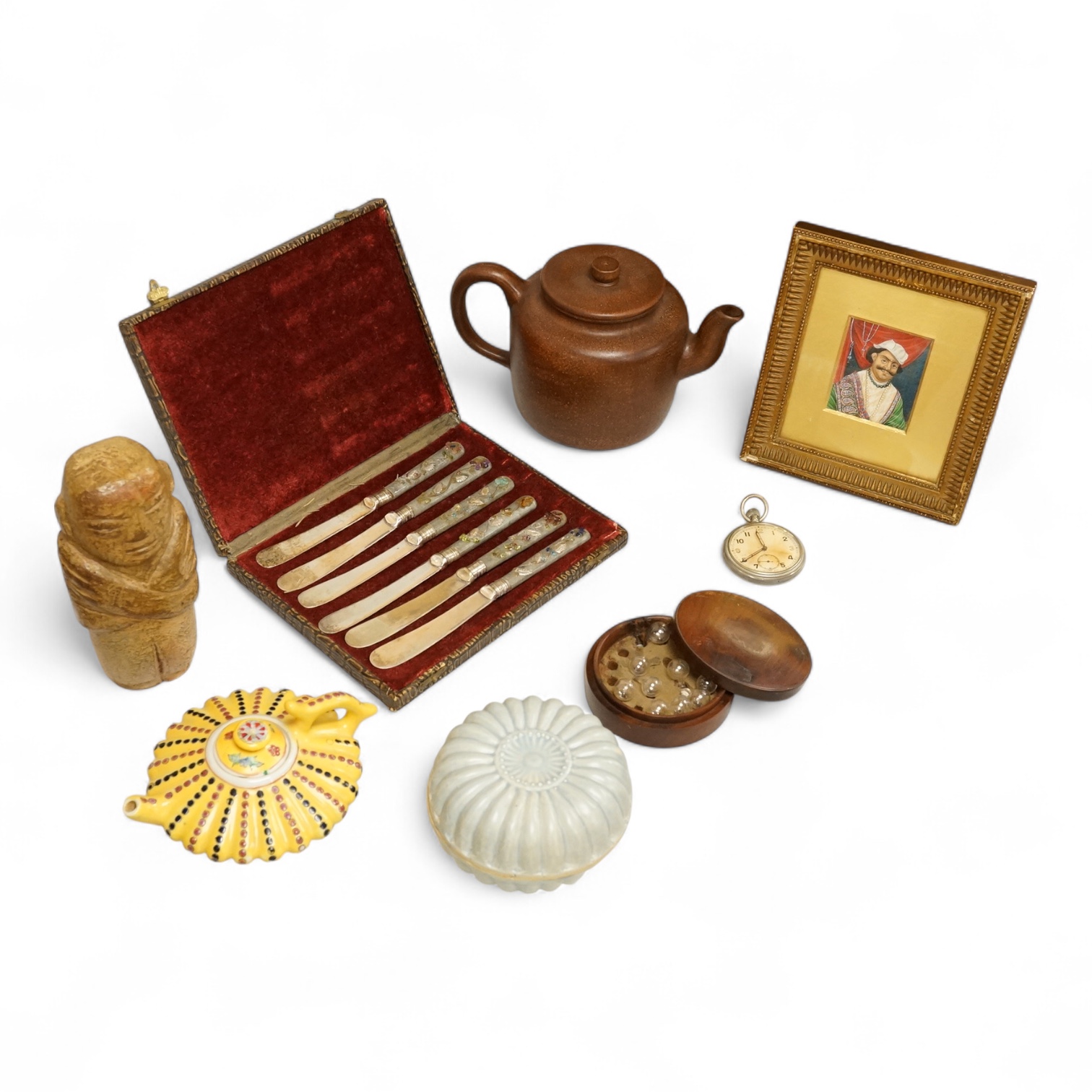 A cased set of semi-precious handled butter knives, two Chinese pottery teapots, a stoneware box and a figure, etc.